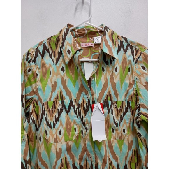 Tizzie Wearable Art Tunic Top Womens Medium Ikat Print Button Front Long Sleeve - Picture 2 of 14